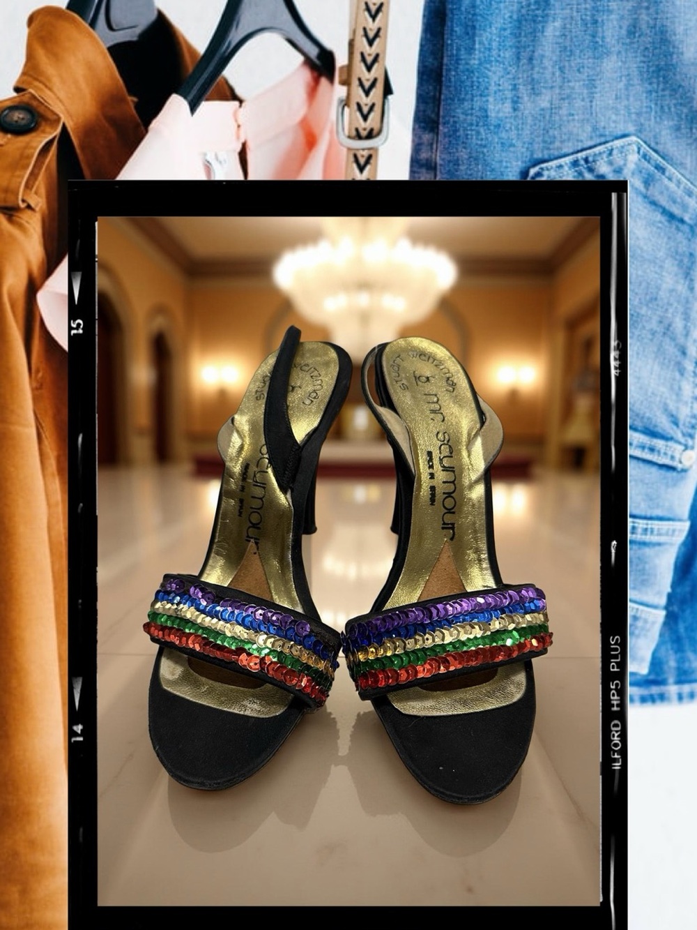 Stuart Weitzman Black Slingback Heels with Multicolor Sequin Straps